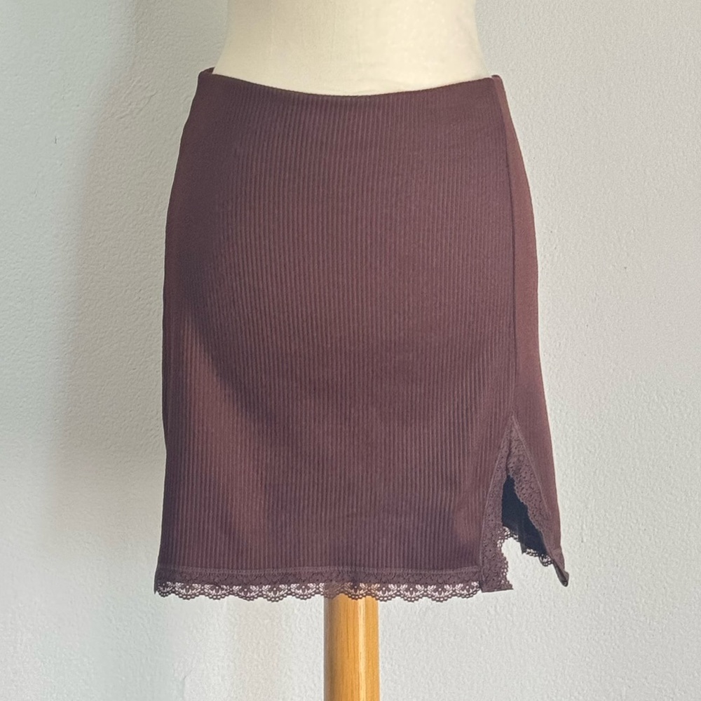 H&M Ribbed Lace-Trim Mini Skirt - Dark Brown